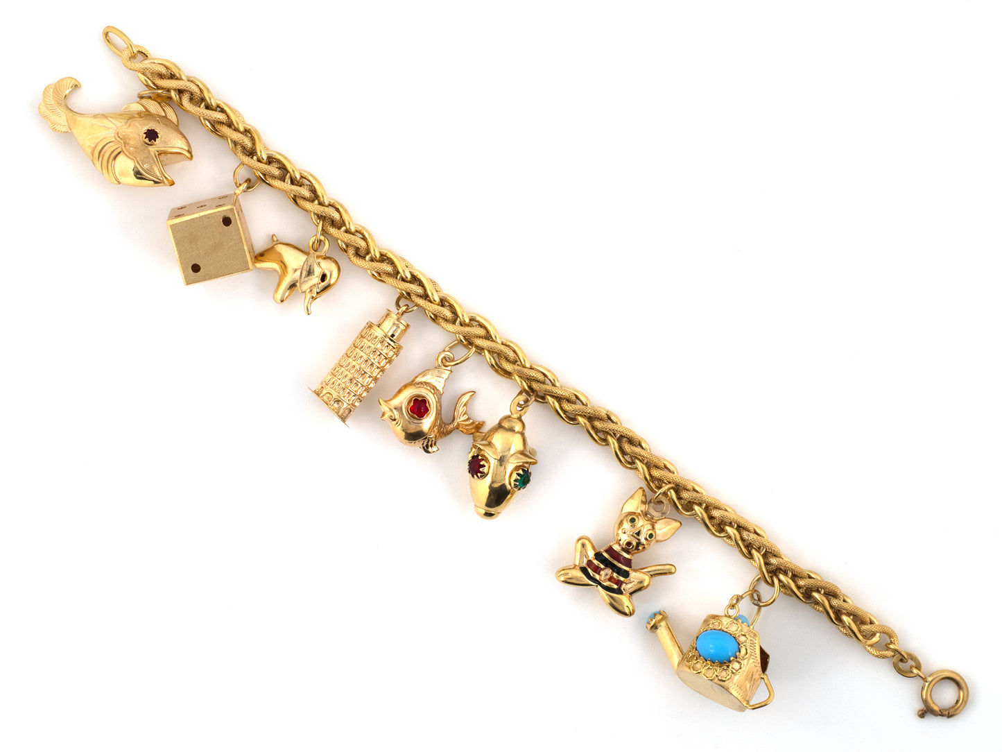 73980 - SOLD - Italy Gold Enamel Woven Chain Link Charm Bracelet