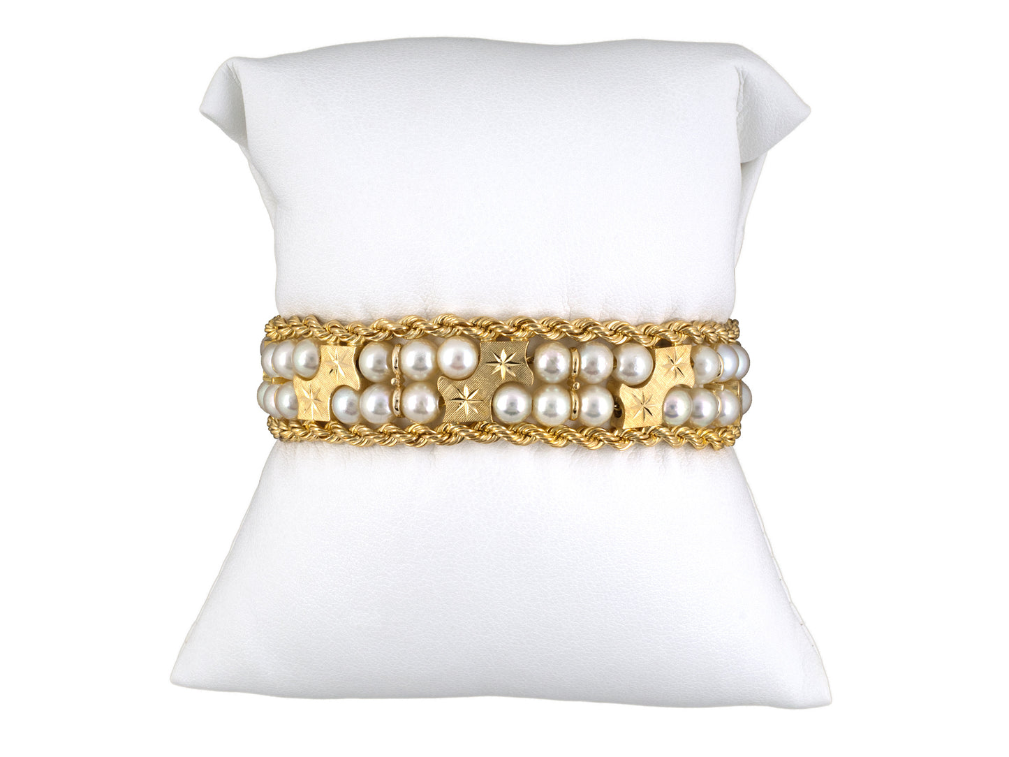 74005 - Honora Circa 1950s Gold Pearl 2-Row Twisted Rope Border Bracelet