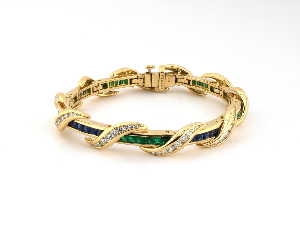 74014 - Krypell Gold Diamond Emerald Sapphire Straight Line Bracelet