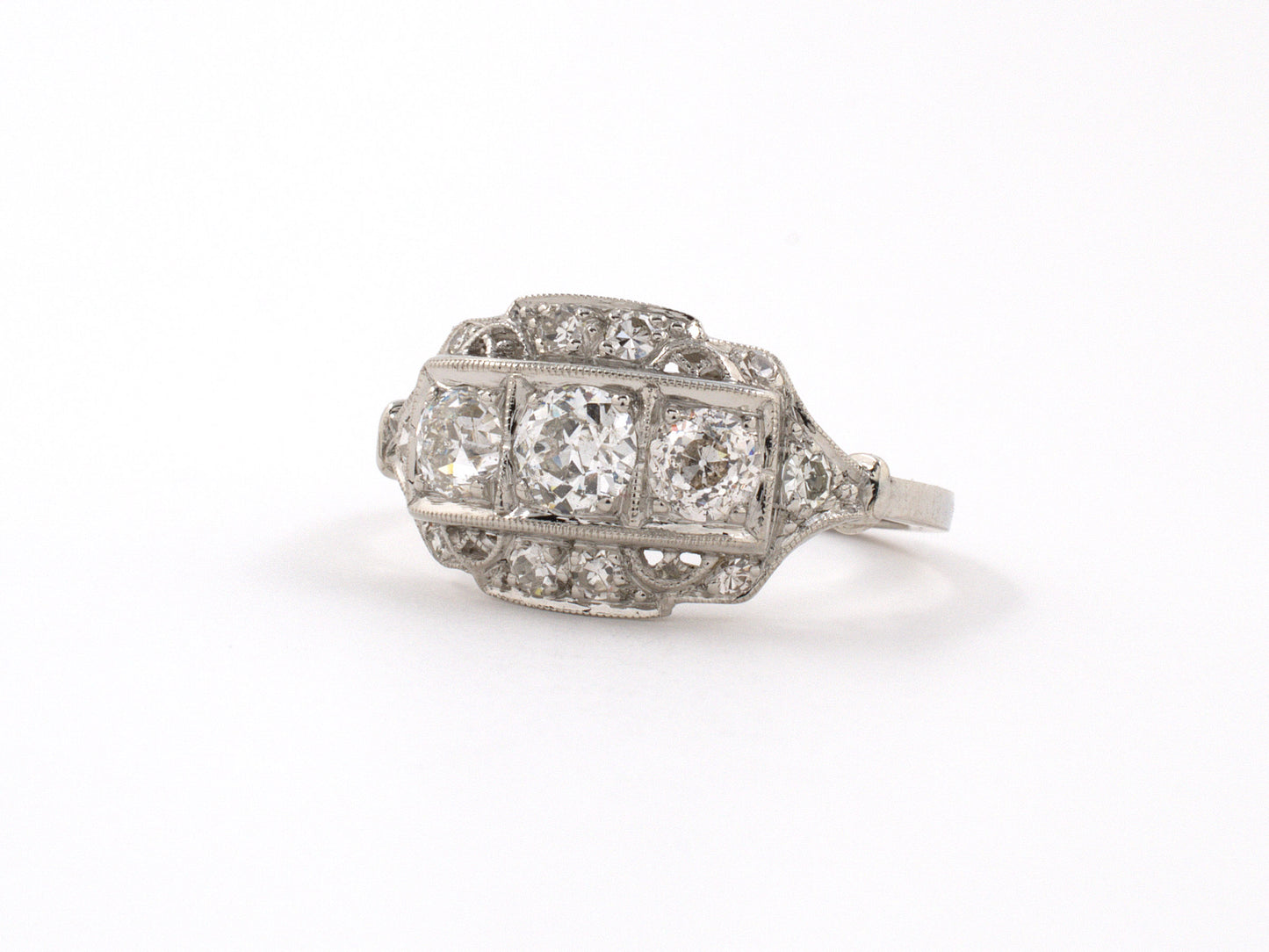 902120 - Art Deco Platinum Diamond 3 Stone Filigree Ring