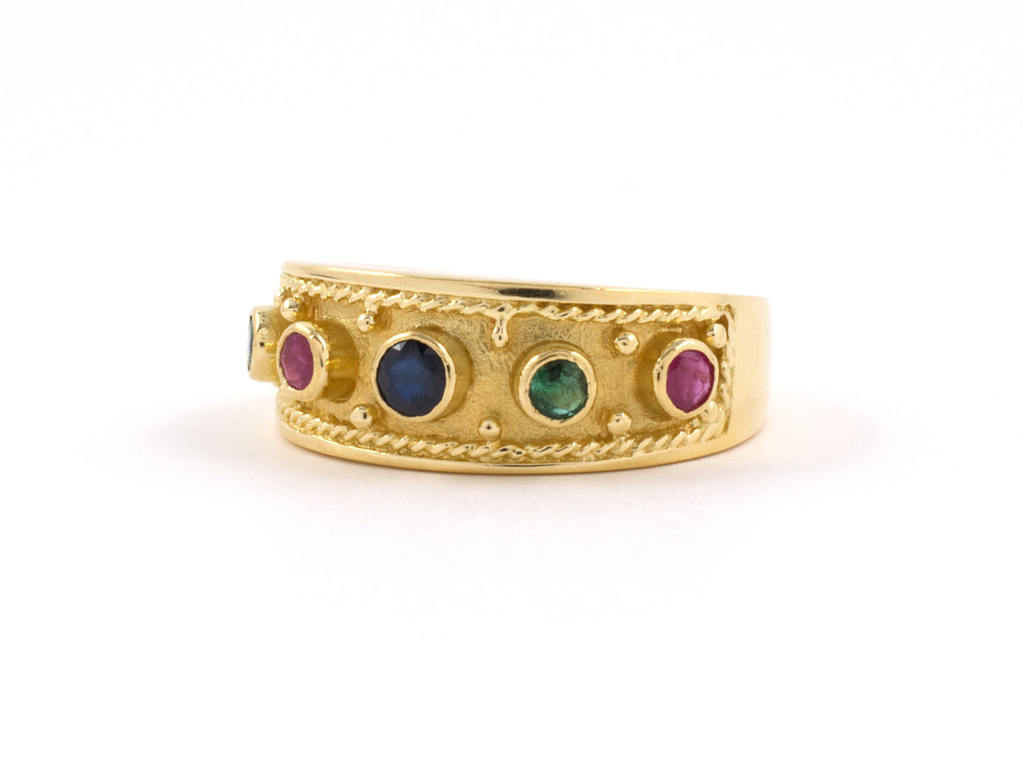 902128 - SOLD - Gold Tube Set Emerald Ruby Sapphire Rope Design Border Band Ring