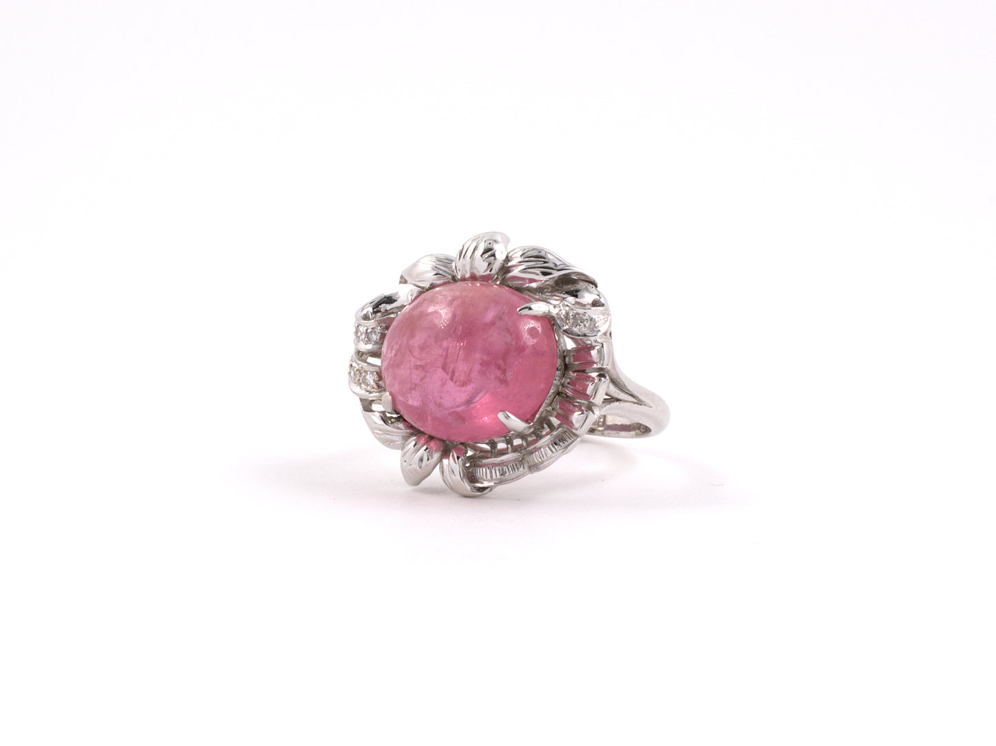 902134 - SOLD - Gold Diamond Pink Tourmaline Carved Leaves Ring