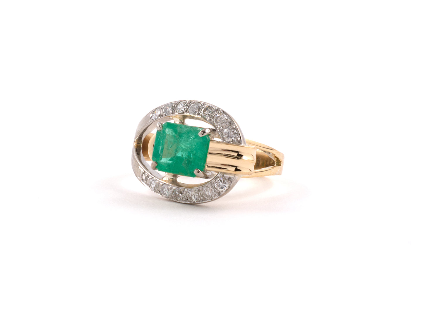 902135 - SOLD - Platinum Gold Emerald Diamond Buckle Cocktail Ring