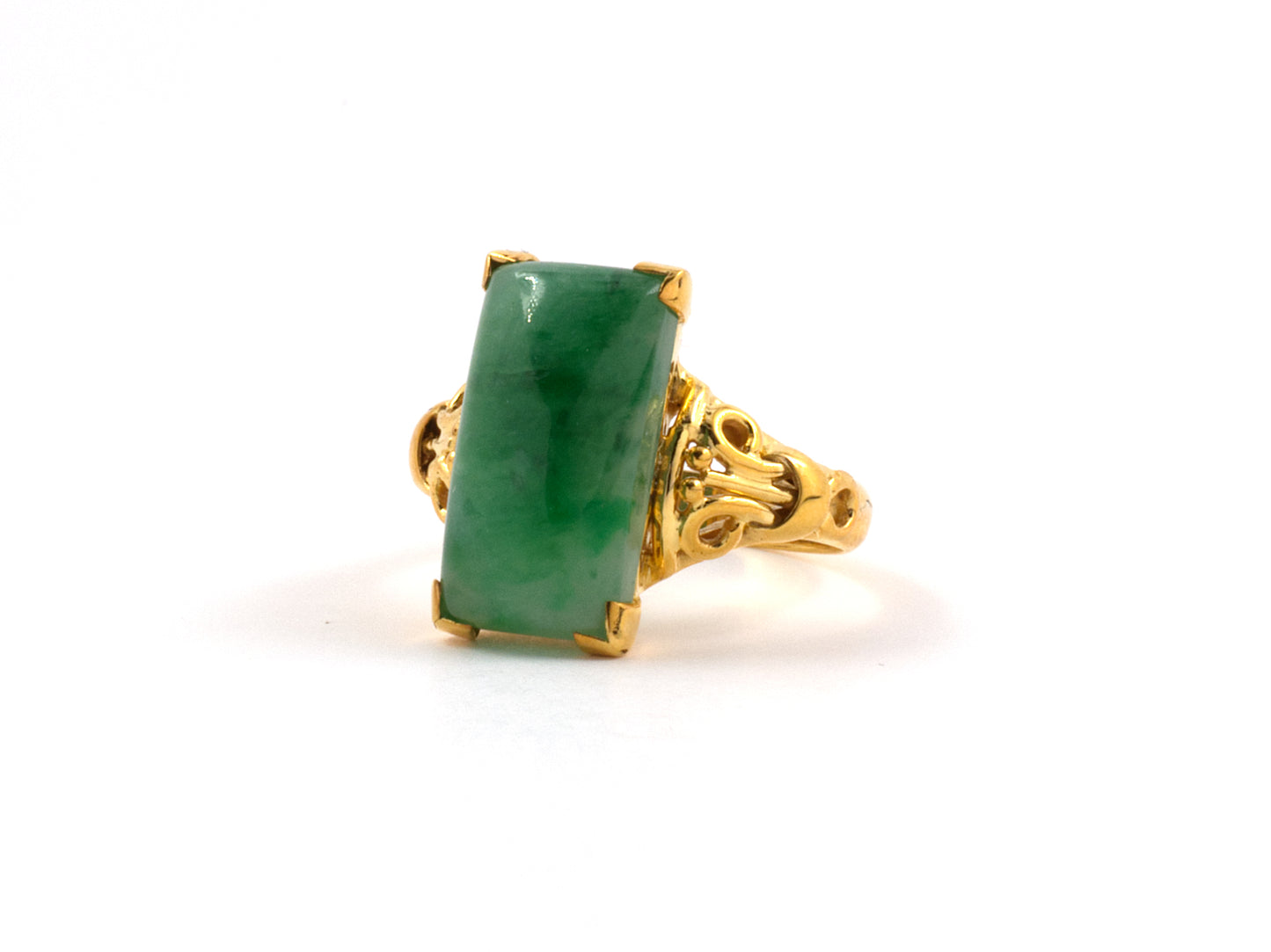902145 - SOLD - Gold Rectangular Jadeite Scroll Design Shoulders Ring