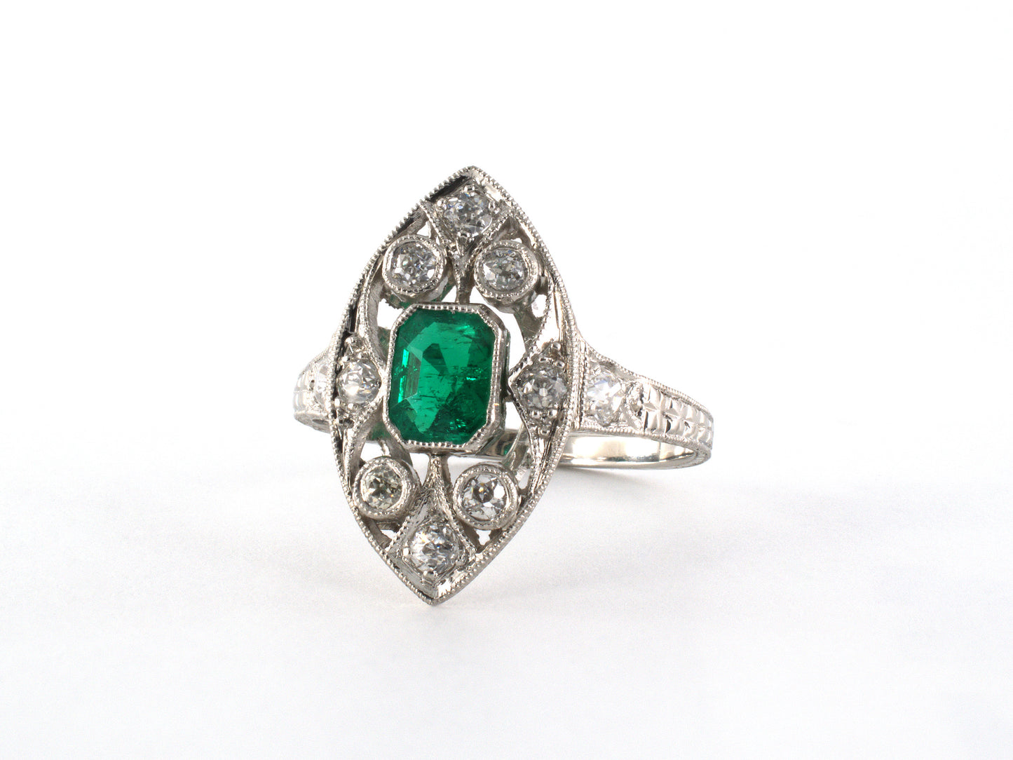 902270 - SOLD - Art Deco Platinum Emerald Diamond Navette Shaped Cocktail Ring