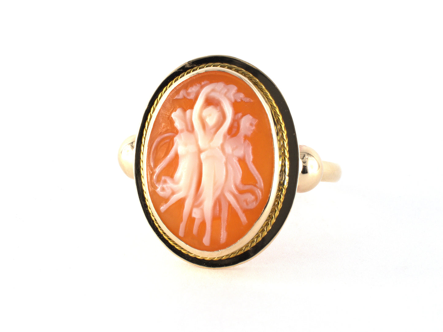 902288 - SOLD - Circa 1950s Gold Shell Cameo Ladies Dancing w/ Rope Border Ring