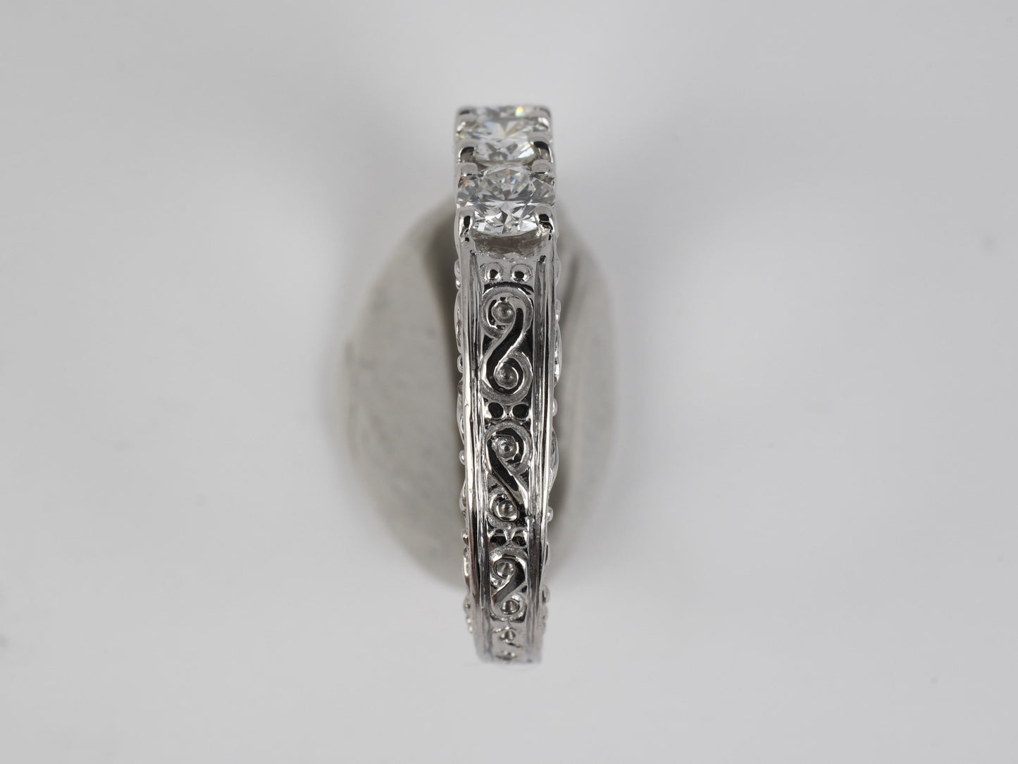 902293 - SOLD - Platinum Diamond Carved Sides 5-Stone Wedding-Band Ring