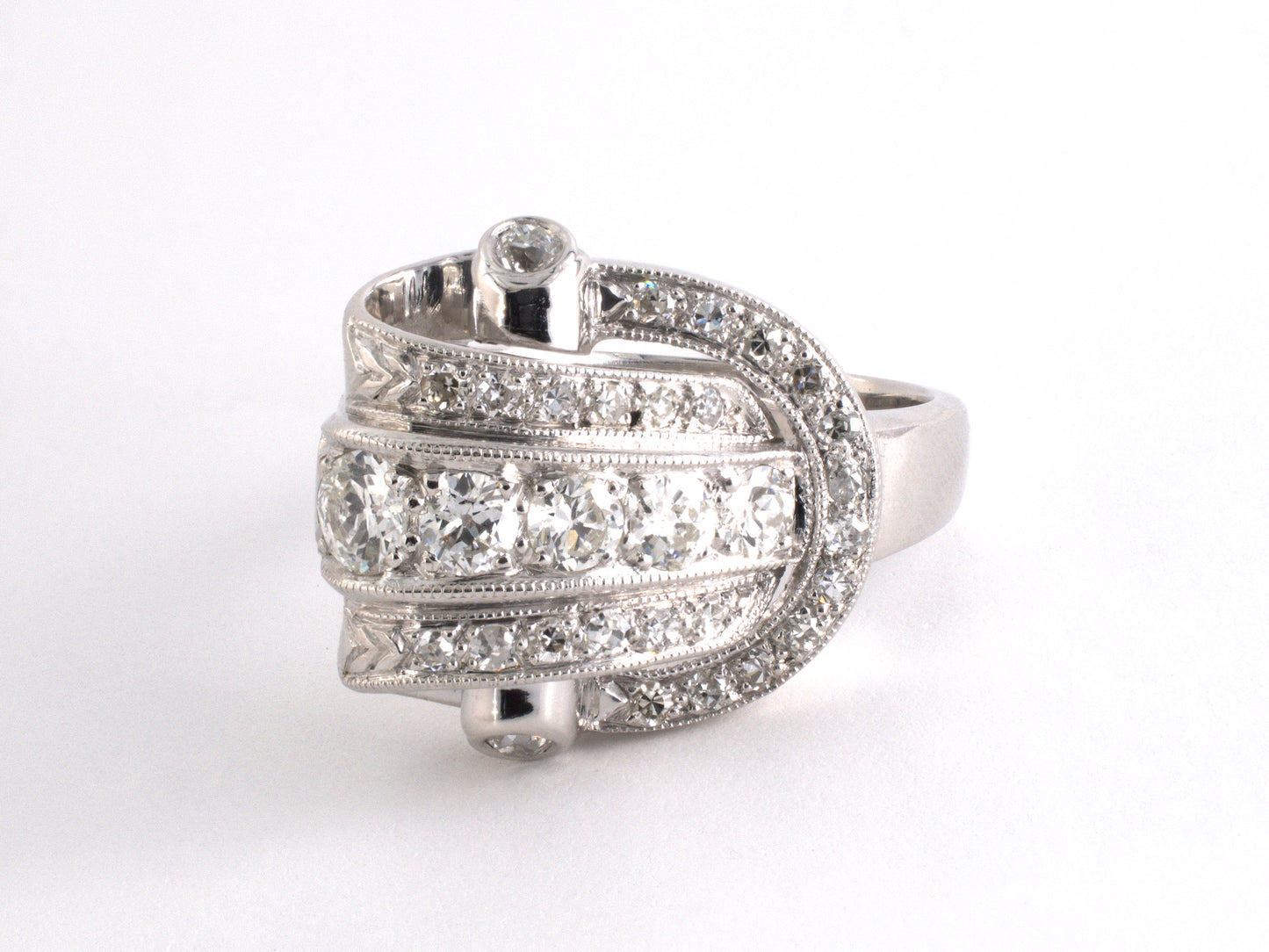 902315 - Retro Palladium Diamond Ribbon Buckle Cocktail Ring