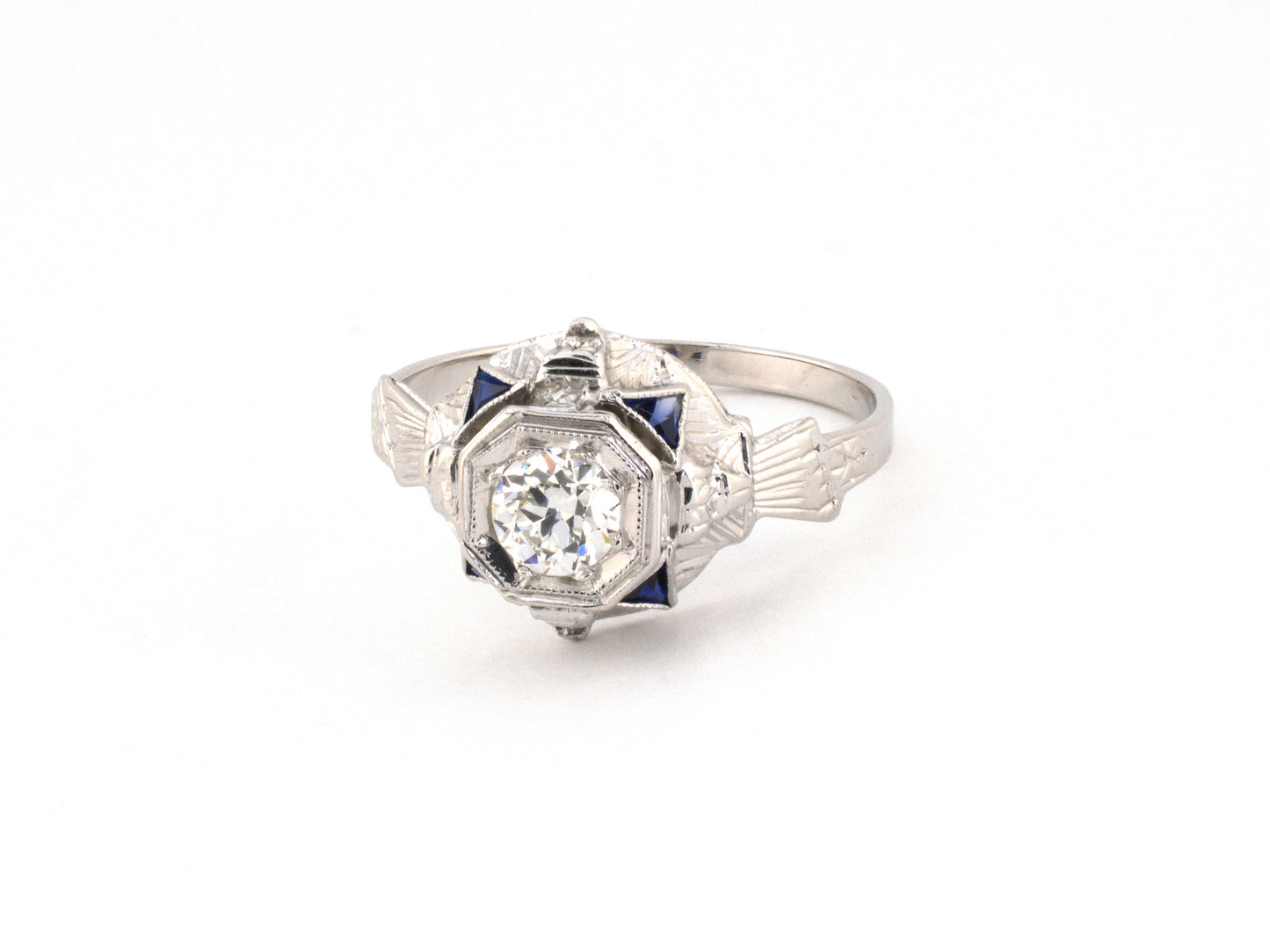 902321 - Art Deco Gold Diamond Synthetic Sapphire Octagonal Engagement Ring