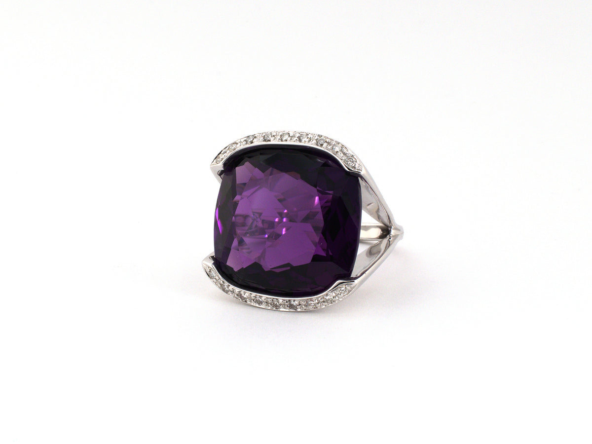 902377 - Leader Line Gold Cushion Amethyst Diamond Cocktail Ring