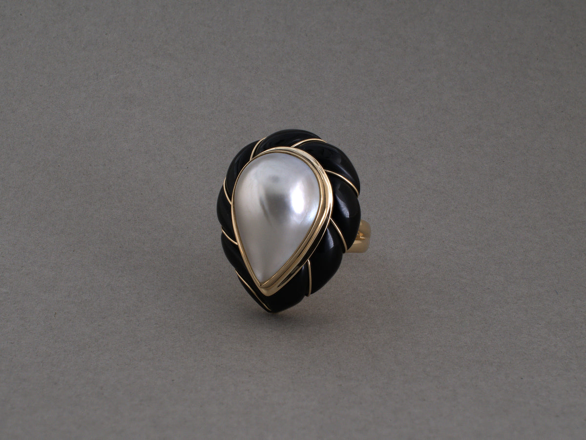 902388 - Maz Gold Mabe Pearl Black Onyx Tiered Cocktail Ring