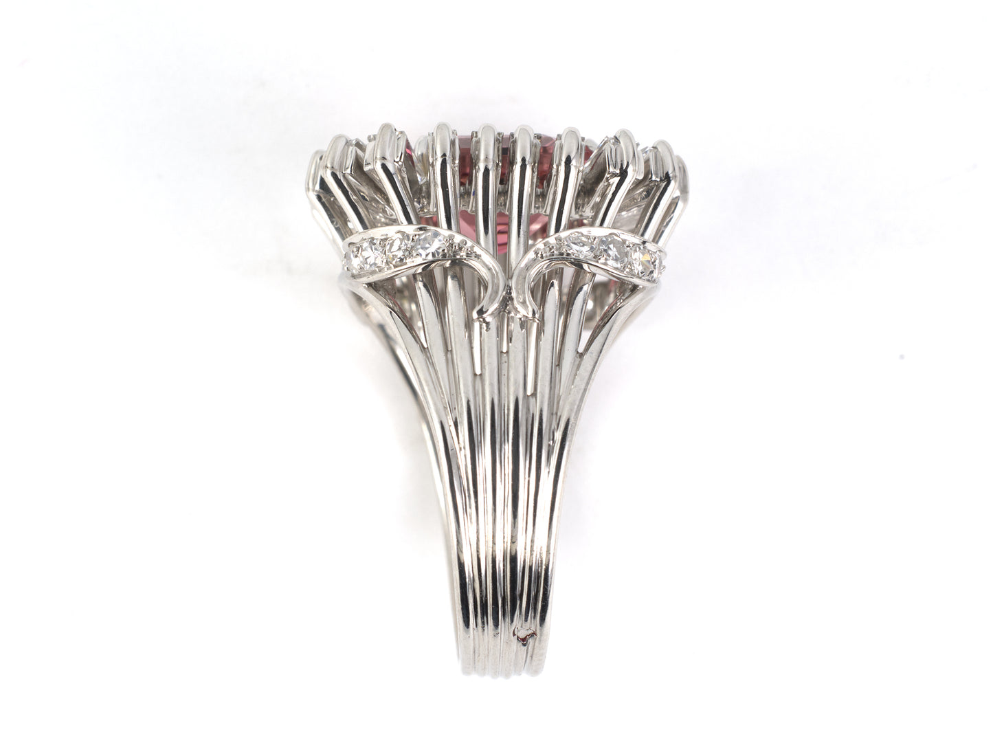 91398 - SOLD - Circa 1950 Platinum Diamond Pink Tourmaline Wire Shank Ring