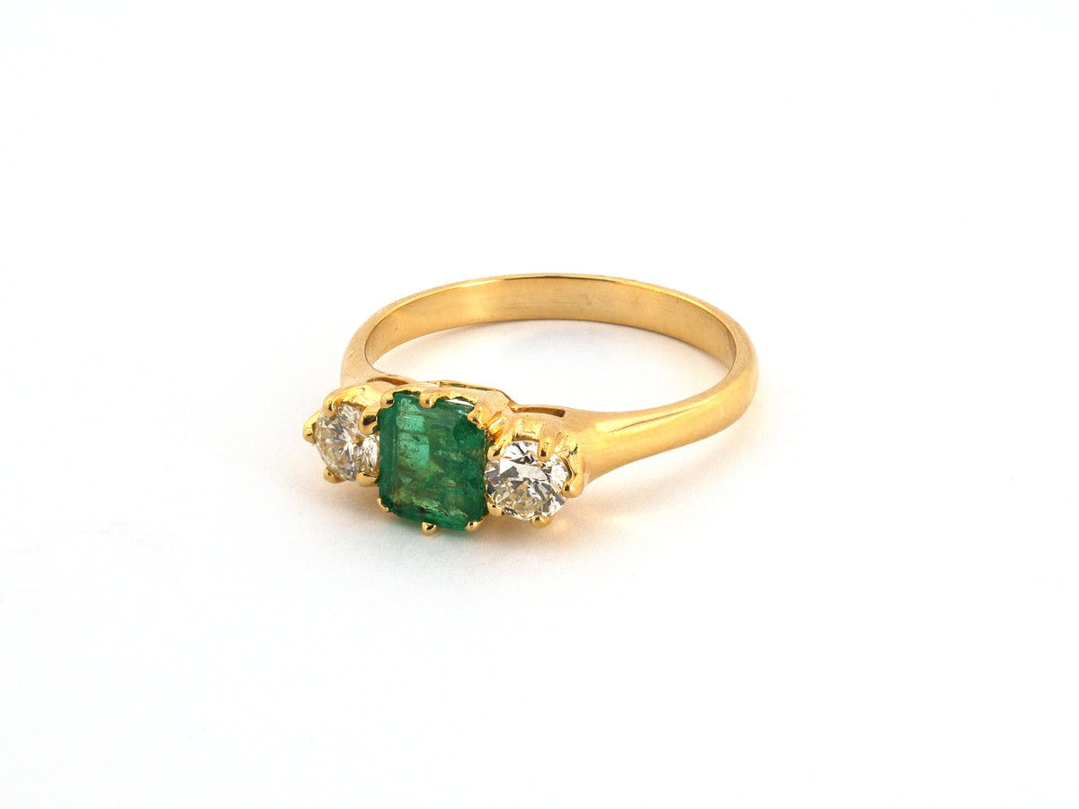 99777 - Gold Emerald Diamond 3-Stone Ring