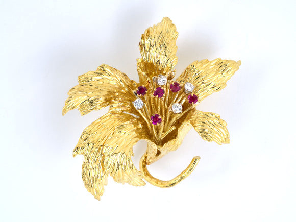 20529 - Circa 1960 Cartier Gold Diamond Ruby Flower Pin