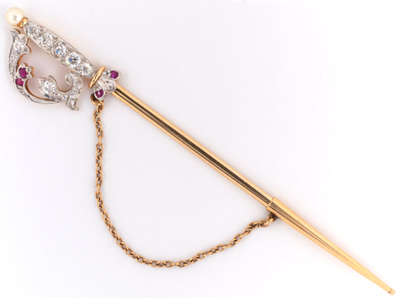 20655 - Edwardian Platinum Gold Diamond Ruby GIA Natural Pearl Sword Pin