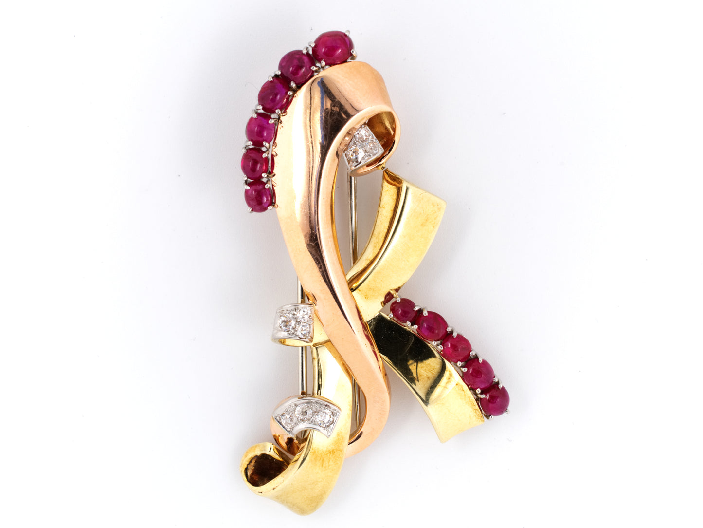 20660 - Retro Ruby Platinum Gold Diamond Ribbon Clip Pin