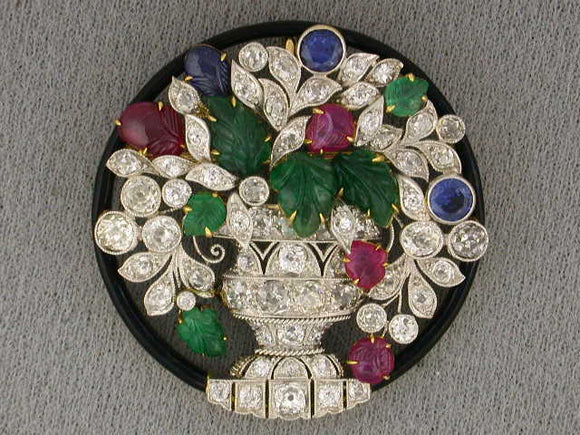 20776 - SOLD - Art Deco F.W. Lawrence Platinum Diamond Emerald Ruby & Sapphire Brooch