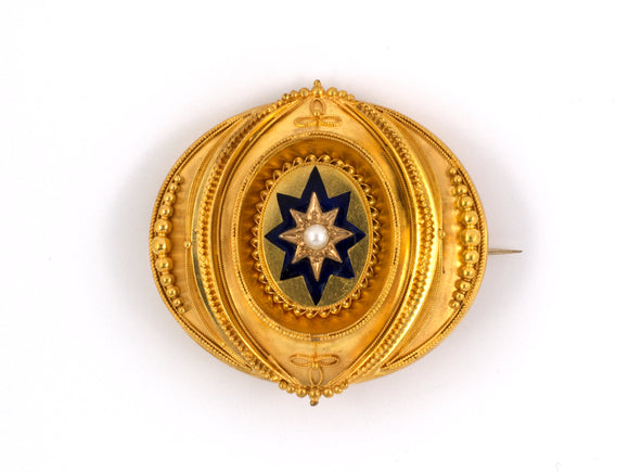 20855 - Victorian Etruscan Revival Gold Enamel Pearl Picture Locket Brooch