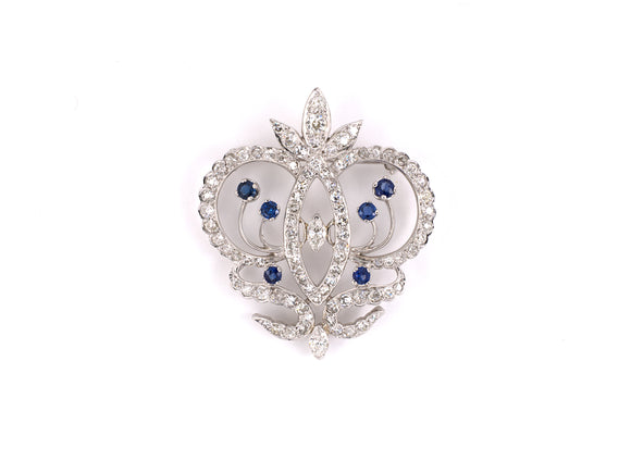 21099 - Platinum Diamond Sapphire Scroll Pin Pendant