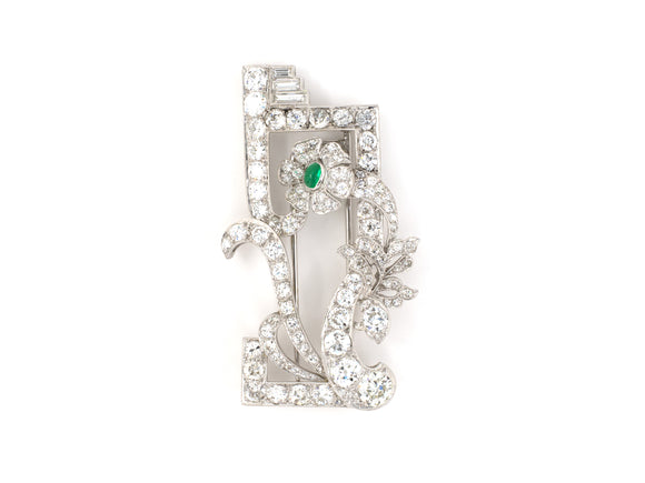 21195 - Art Deco Platinum Diamond Emerald Floral Brooch