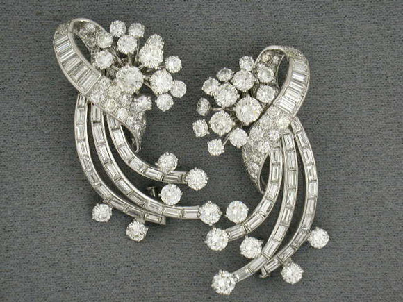 21196 - SOLD - Art Deco Mauboussin Diamond Ribbon Pin Clips