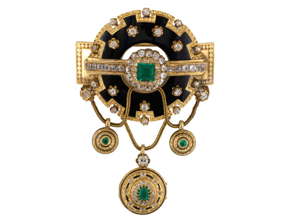 21203 - SOLD - Victorian Gold Black Enamel Emerald Diamond Locket Brooch