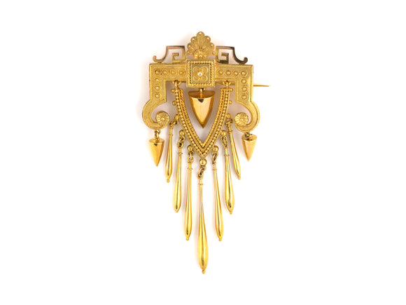 21334 - SOLD - Circa 1860 Victorian Etruscan Revival Gold Drop Pin