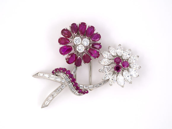 21391 - Circa 1955 Platinum AGL Burma Ruby Diamond Flower Clip Pin