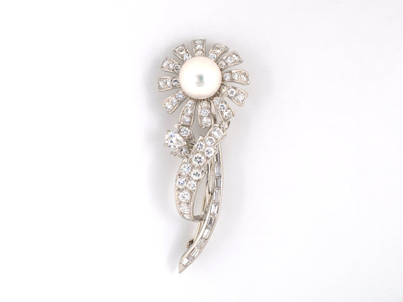 21470 - Circa1960 Platinum Pearl Diamond Flower Pin