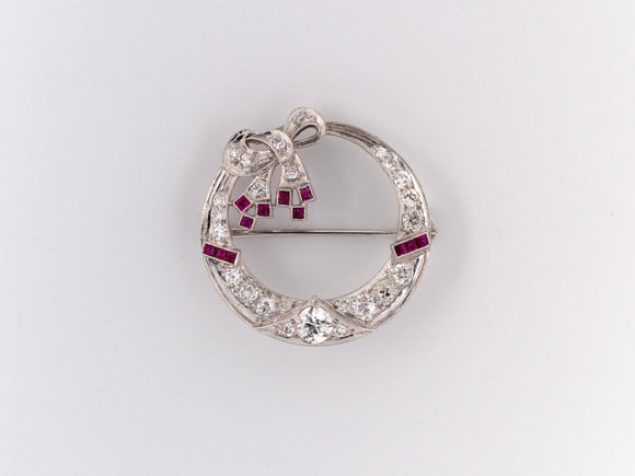 21537 - Art Deco Platinum Ruby Diamond Bow Circle Pin