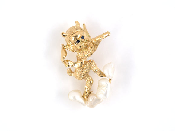 21567 - Gold Baroque Pearl Sapphire Mythological Pan Pin