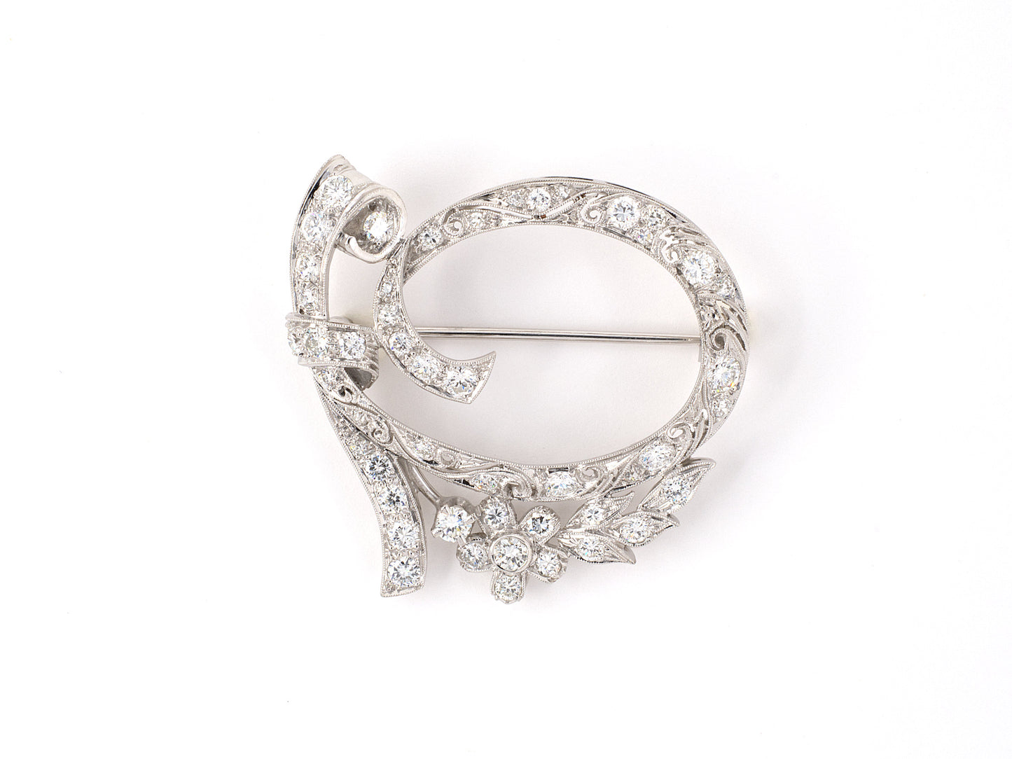 21698 - SOLD - Art Deco Platinum Diamond Wreath Ribbon Pin