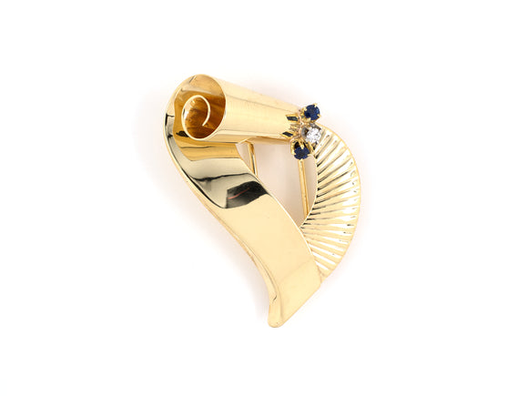 21800 - Retro Tiffany Gold Platinum Diamond Sapphire Scroll Ribbon Clip Pin