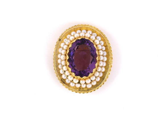 21869 - Circa 1955 Gold Amethyst Pearl Cluster Pin Pendant