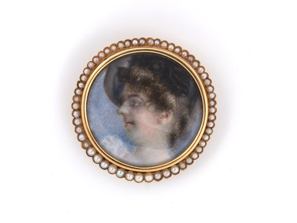21918 - Victorian Gold Pearl Portrait Cluster Circle Pin Pendant Locket