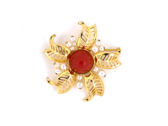 21973 - Circa 1950 Gold Pearl Coral Flower Brooch