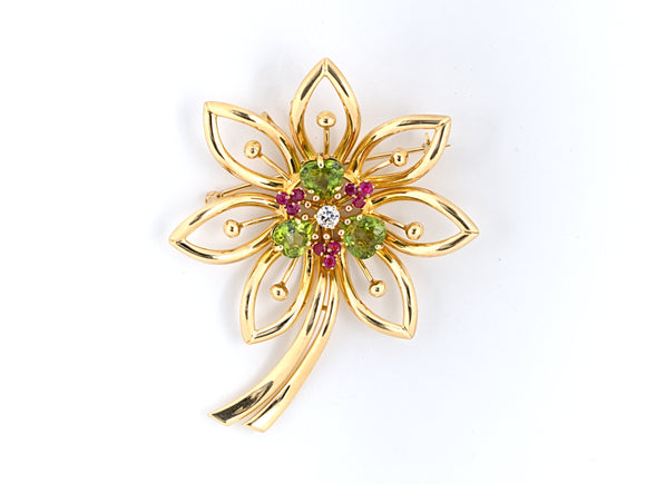 22025 - Circa 1950s Gold Diamond Ruby Peridot Flower Pin