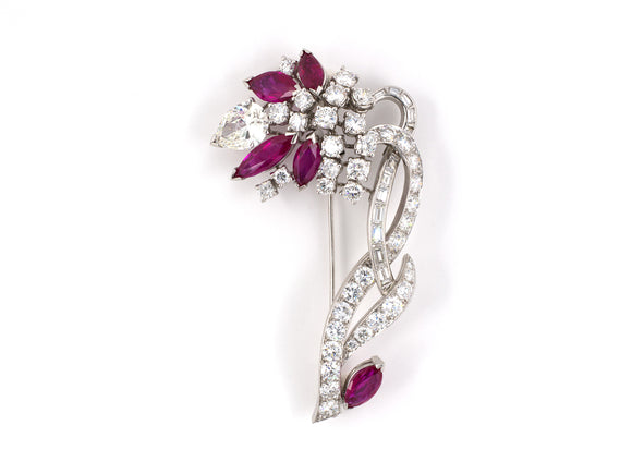 22173 - Circa 1950 Ostier Platinum Diamond AGL Burma Ruby Flower Pin