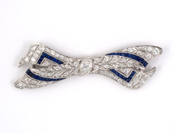 22233 - Art Deco Platinum Diamond Sapphire Filigree Bow Pin