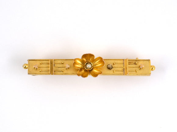 22568 - SOLD - Victorian Etruscan Revival Gold Pearl Flower Bar Pin