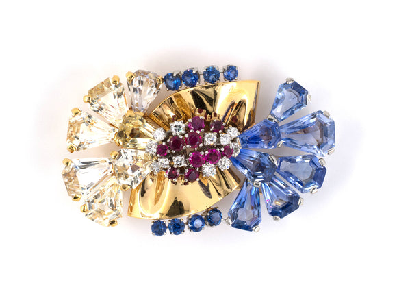 22736 - Retro Cartier Oscar Heyman Platinum Gold Diamond Ruby Sapphire Brooch