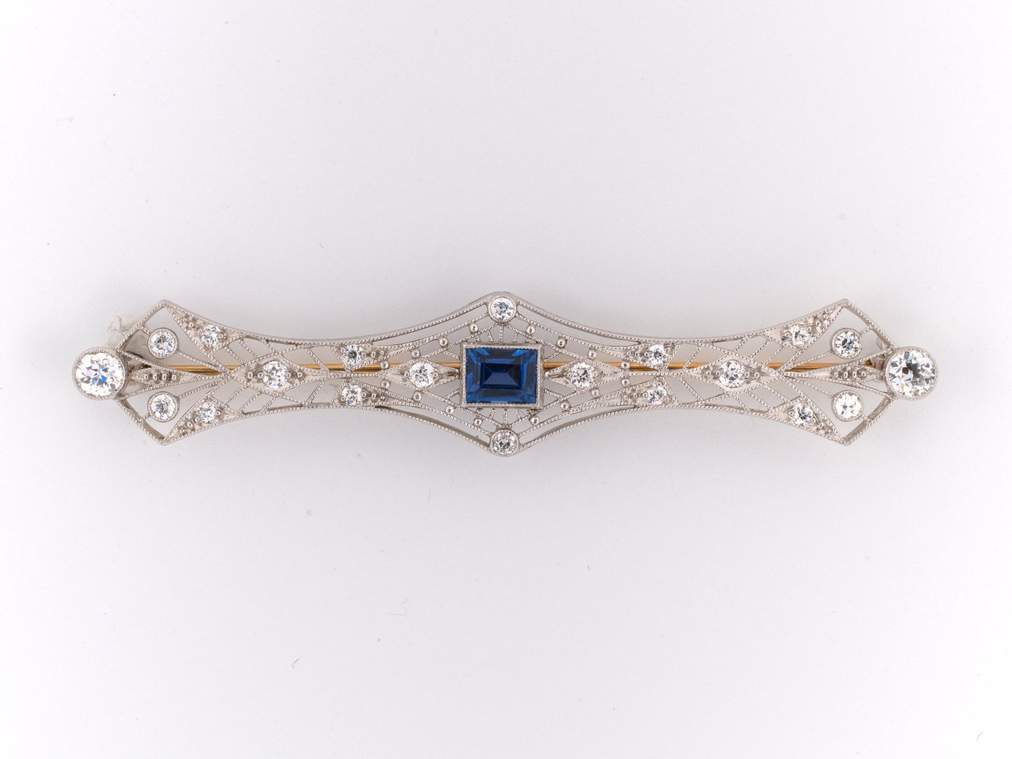 23006 - Edwardian Platinum Montana Sapphire Diamond Filigree Pin