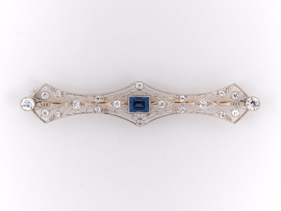 23006 - Edwardian Platinum Sapphire Diamond Filigree Pin