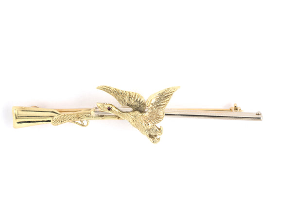 23123 - Circa 1935 Gold Ruby Chased Shotgun Bird Bar Pin