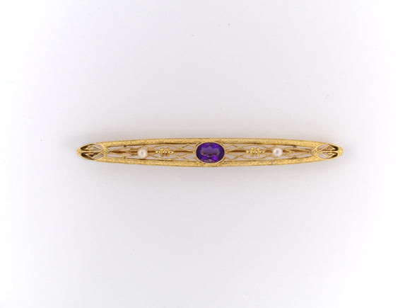 23175 - Edwardian Gold Amethyst Seed Pearl Filigree Bar Pin