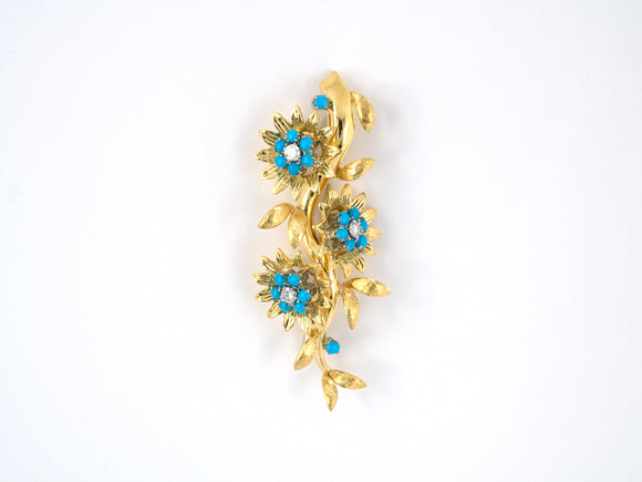23199 - Circa 1960 Gold Platinum Turquoise Diamond Flower Pin