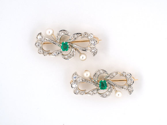 23257 - SOLD - Edwardian Platinum Gold Emerald Diamond Pearl Swirl Pins