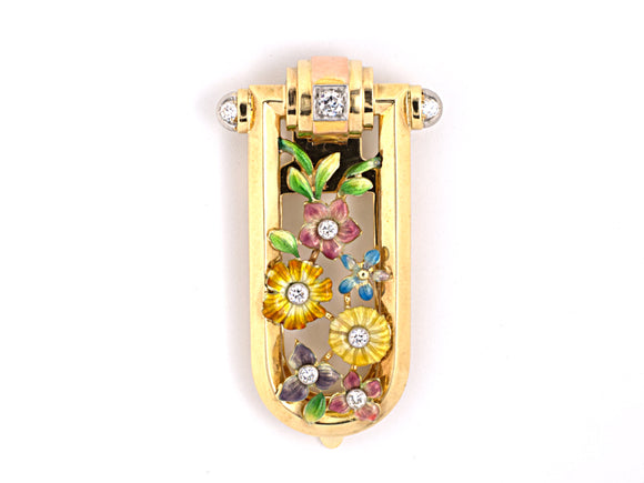 23280 - Art Nouveau Bailey, Banks & Biddle Gold Diamond Enamel Flower Pin