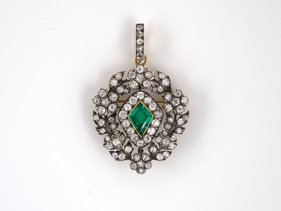 23288 - Victorian Circa 1885 Tiffany Silver Gold AGL Colombian Emerald Diamond French Wreath Pin Pendant