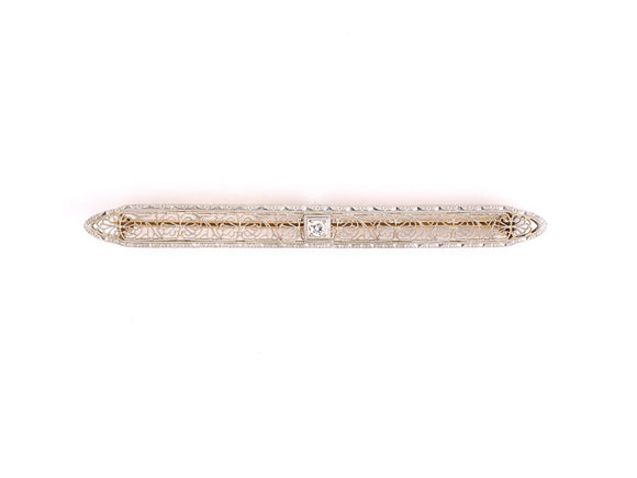 23309 - SOLD - Edwardian Krementz Platinum Gold Diamond Filigree Bar Pin